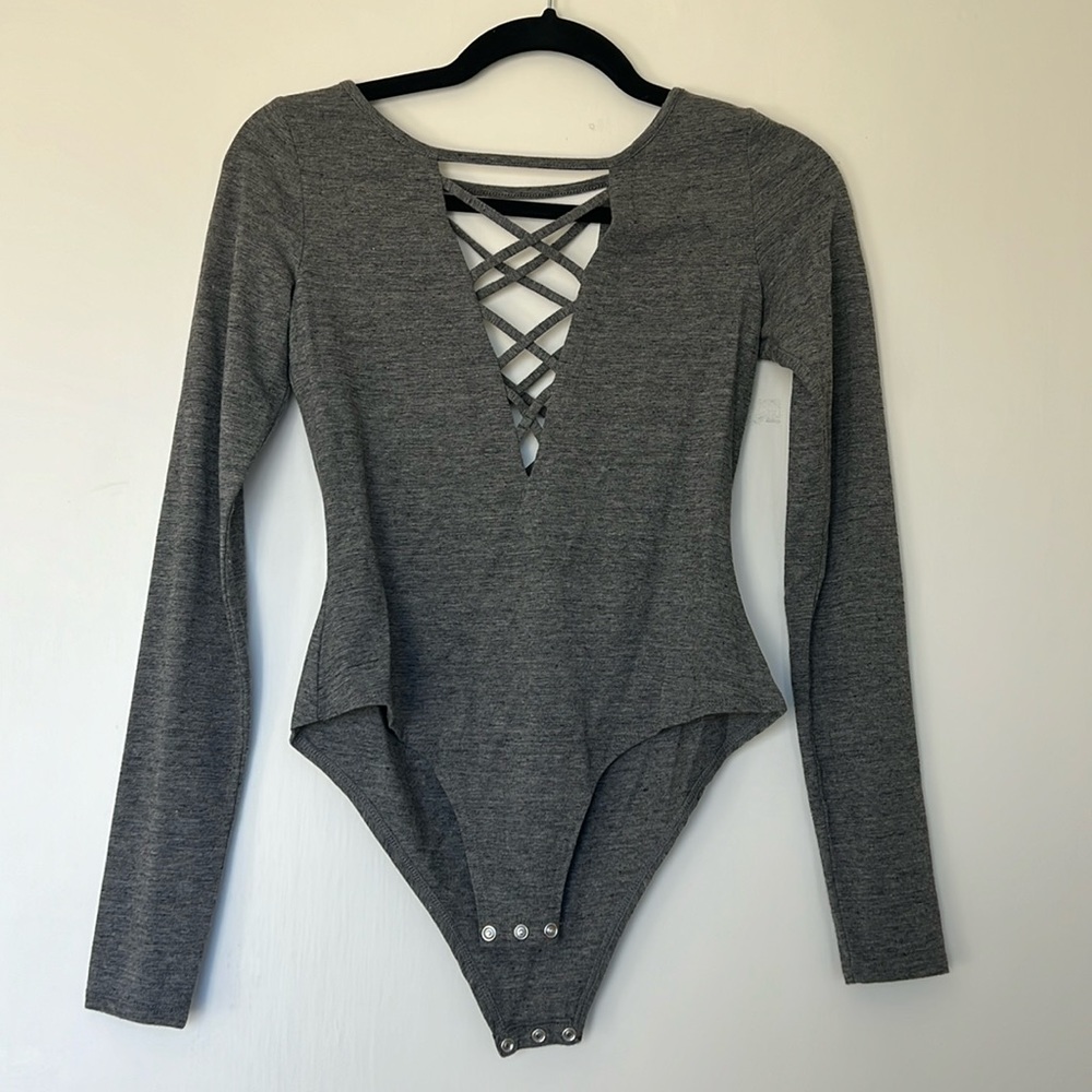 Grey Crisscross Long Sleeve Bodysuit